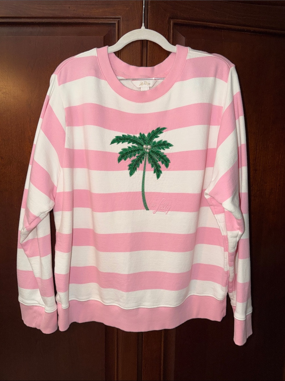 Lilly Pulitzer Pink & White Striped Palm Embroidered Sweatshirt - Picture 3 of 6